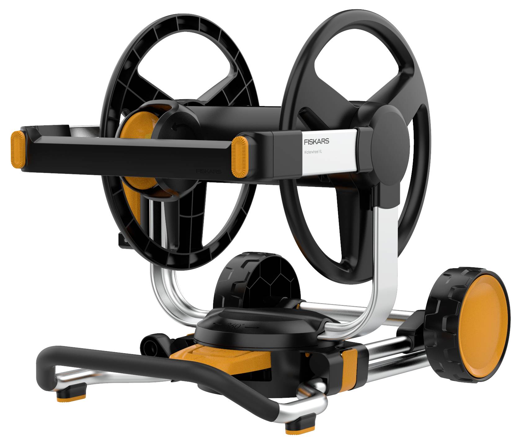 A black and orange hose reel with wheels and a handle, designed for easy transportation and storage of a garden hose.