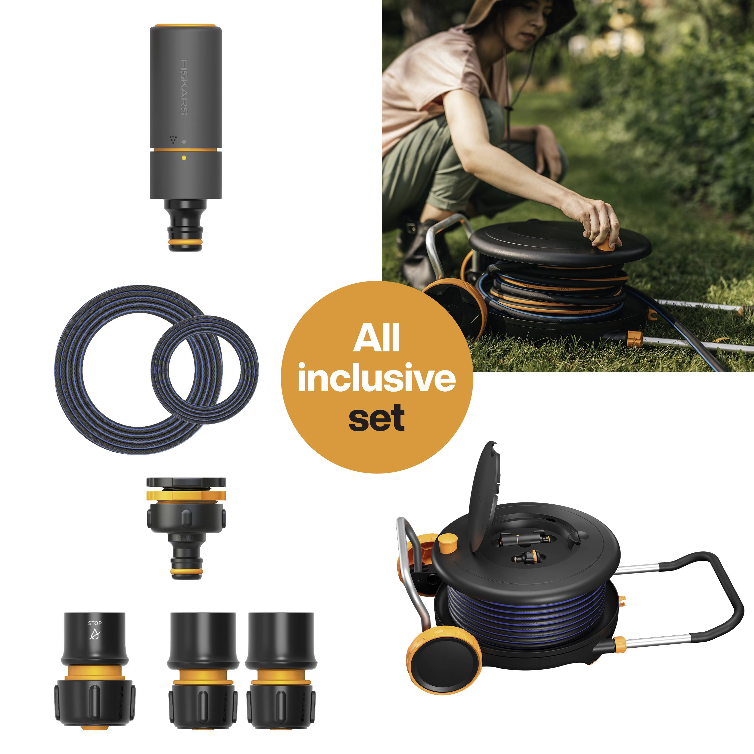 'All-inclusive set' for garden hose: Hose reel, connectors, adapter and hose. In use: Person watering plants with the system.