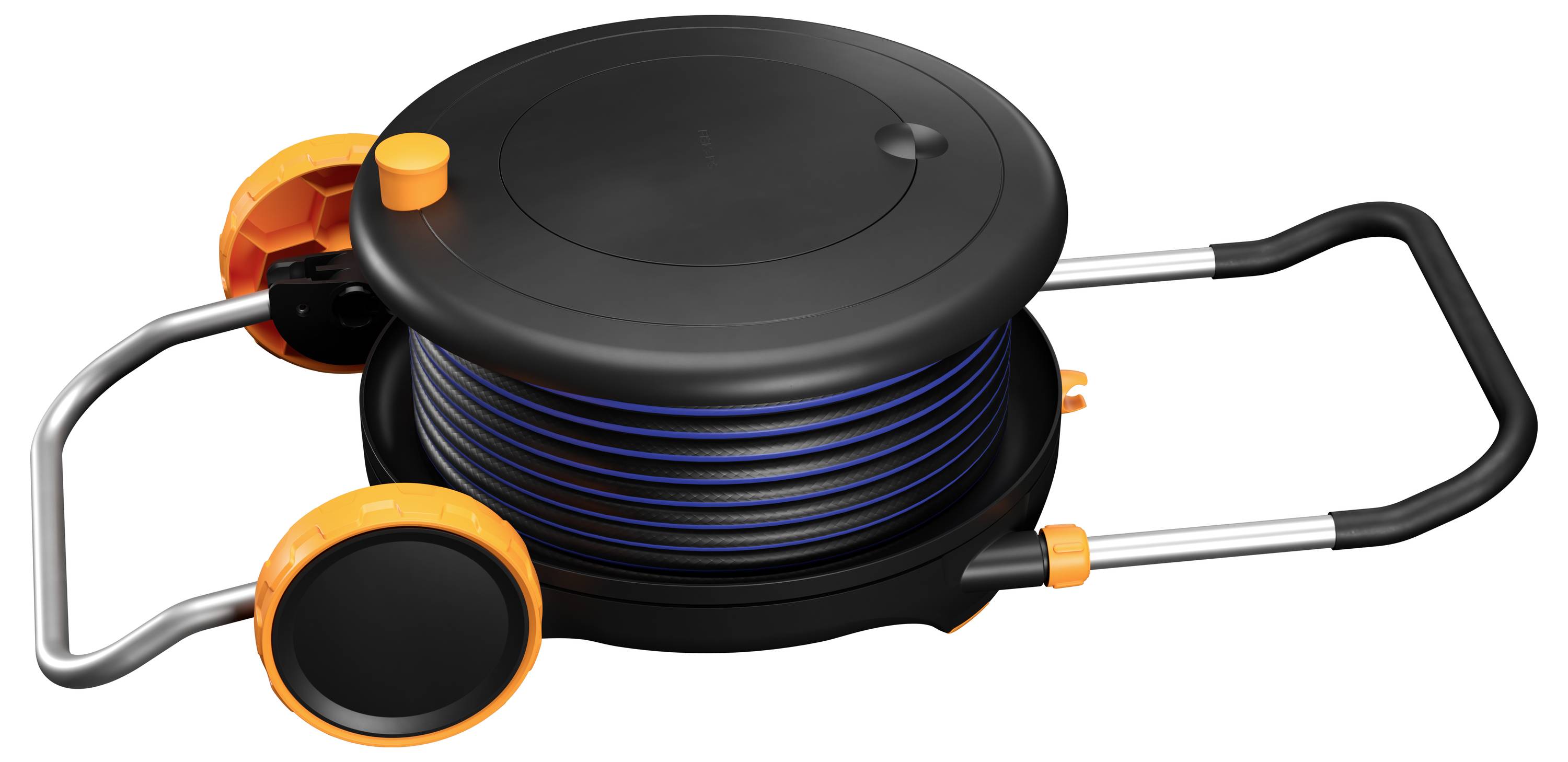 'A cable drum trolley with two wheels and a long handle. The trolley has an orange drum and is designed for transporting cables.'