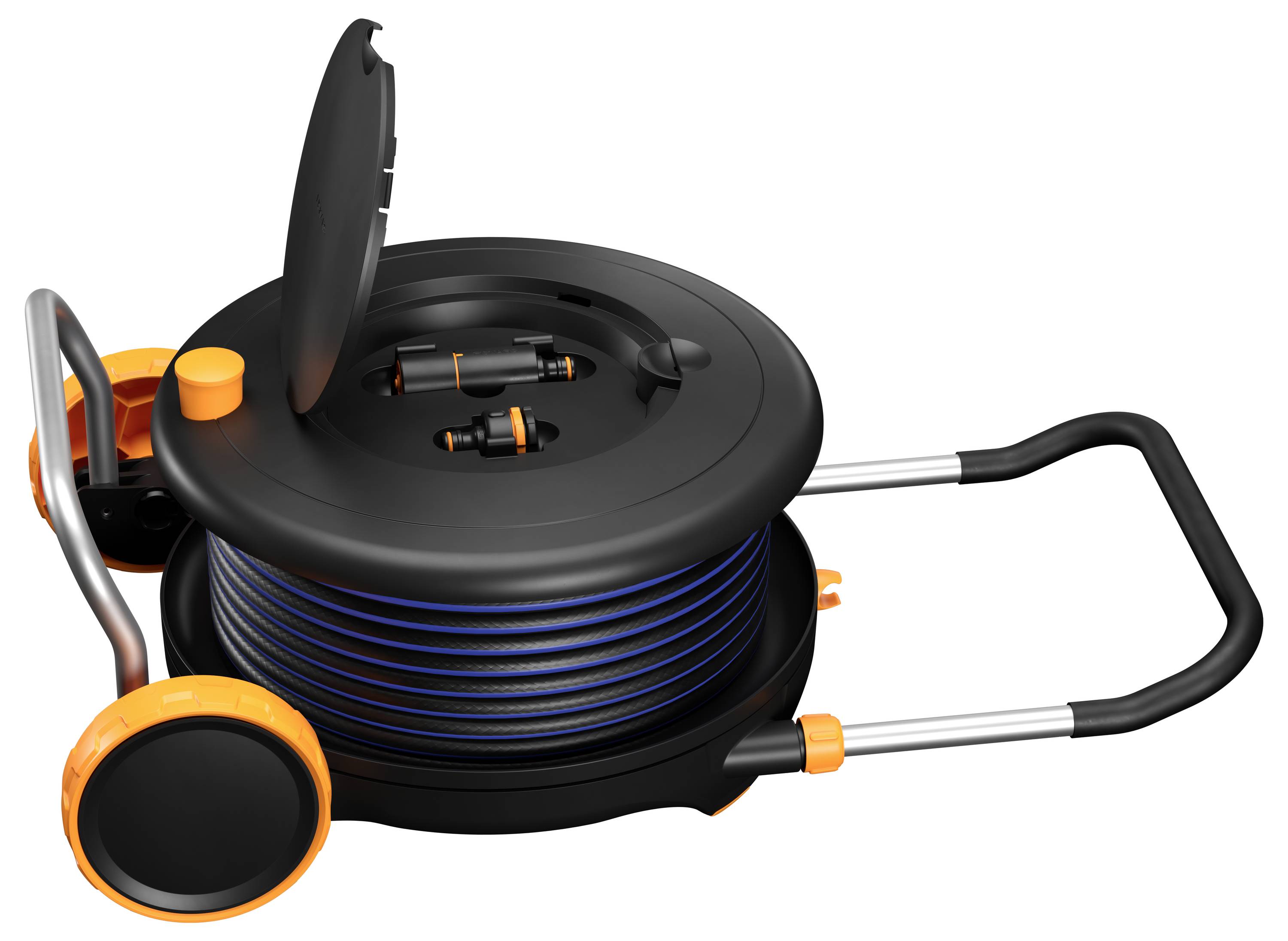 A mobile garden hose reel with a rolled-up hose, two black wheels, and a foldable handle to facilitate easy movement.