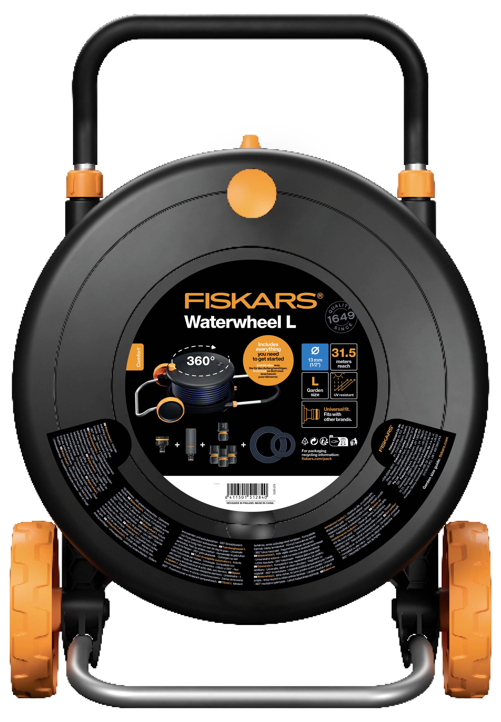 Water hose trolley with a round casing, orange wheels and handle, marked with 'FISKARS Waterwheel L', with 360-degree manoeuvrability.