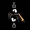 Water pistol with detachable spray head. Symbols show lock and unlock mechanism. Black background.