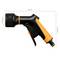 Orange and black garden spray nozzle with ergonomic handle and spray setting, 20 cm long, 5.6 cm diameter, 13.5 cm high.