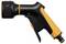 An orange and black garden spray gun, ergonomically shaped, for connecting to a garden hose.