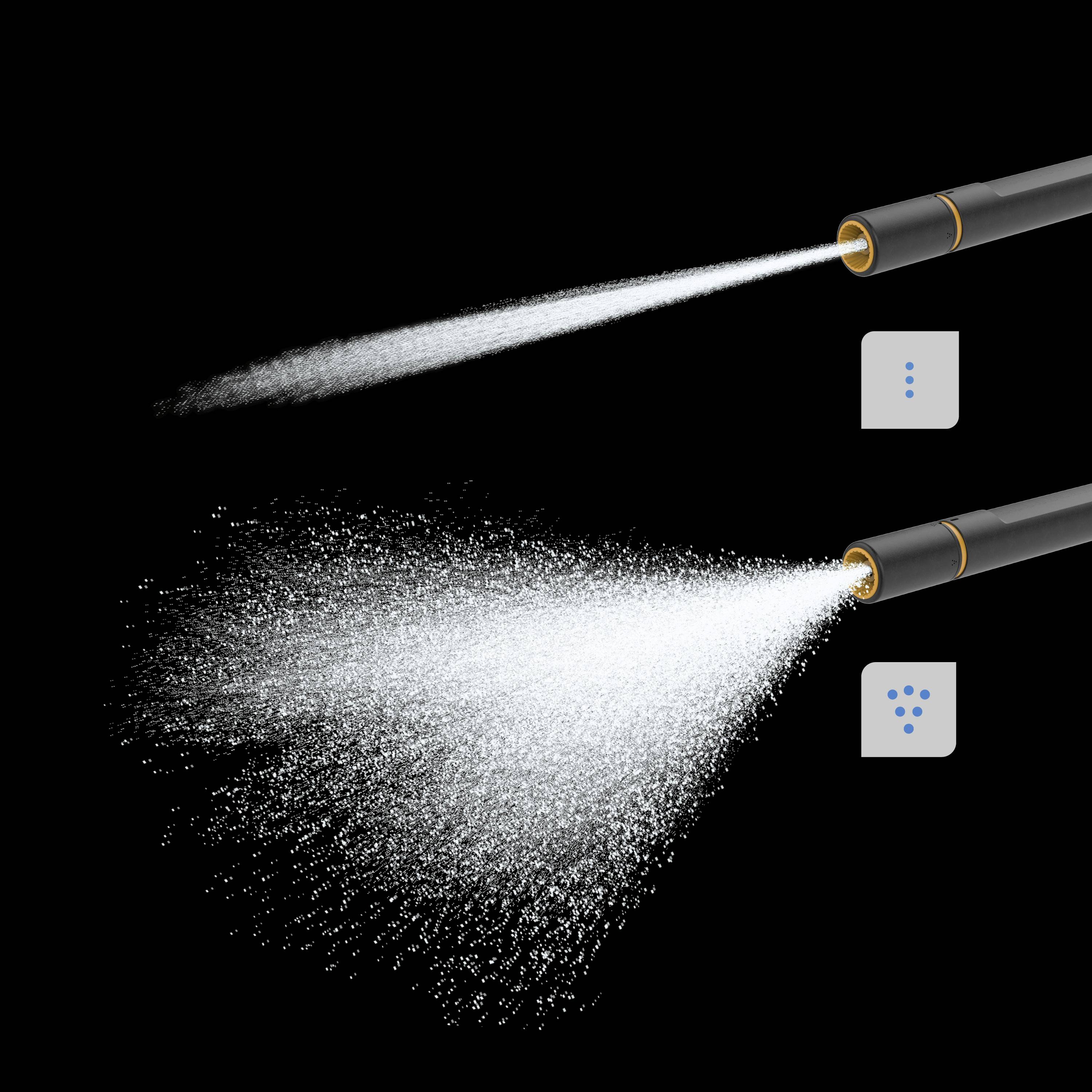 Two shower heads side by side show different water spray patterns: a more focused stream above, a broader stream below.