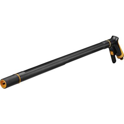 A black compressed air pistol with a long barrel and orange details.
