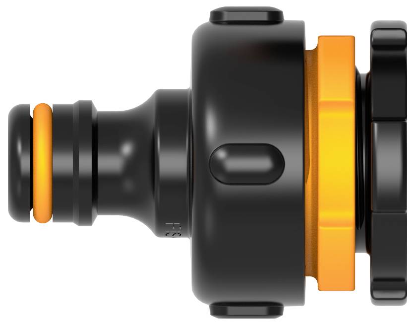 'Black and orange quick-release coupling with a round shape and raised elements, suitable for hose connections.'