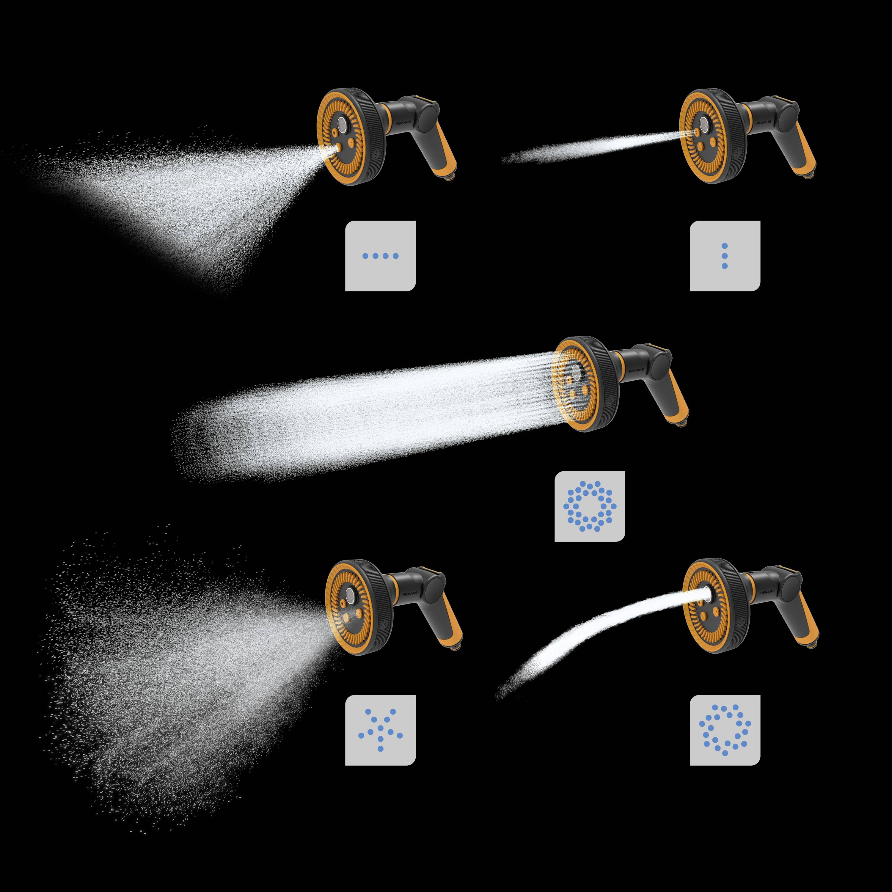 Six different spray patterns of a garden sprayer: fine mist, jet, flat, wide-fanned, intense point, broad spray.