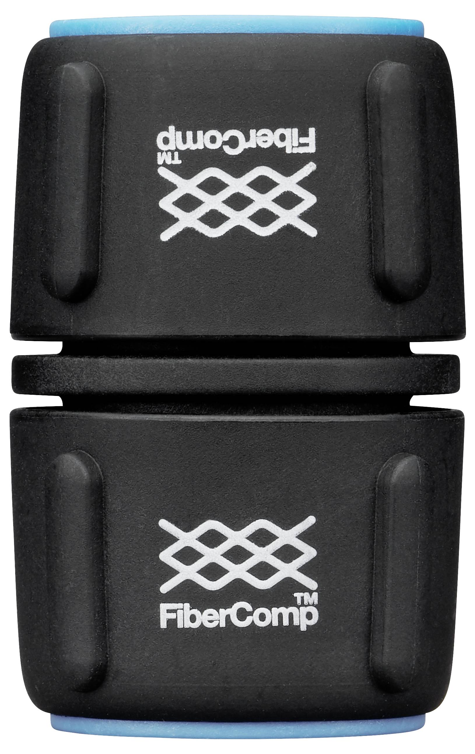 Two black cylindrical pieces with blue ends and the inscription 'FiberComp'. They are symmetrically arranged and connected to each other.