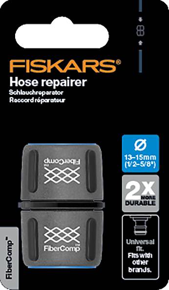 Hose repair coupling by Fiskars for 13-15mm hoses, made from durable FibraComp material. Universally compatible with 1/2-5/8" connectors.