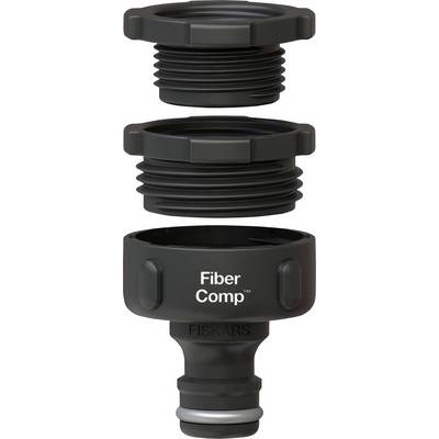 Three black garden hose adapters made of plastic, stacked on top of each other, with the inscription 'Fiber Comp'; adapters for hose connections.