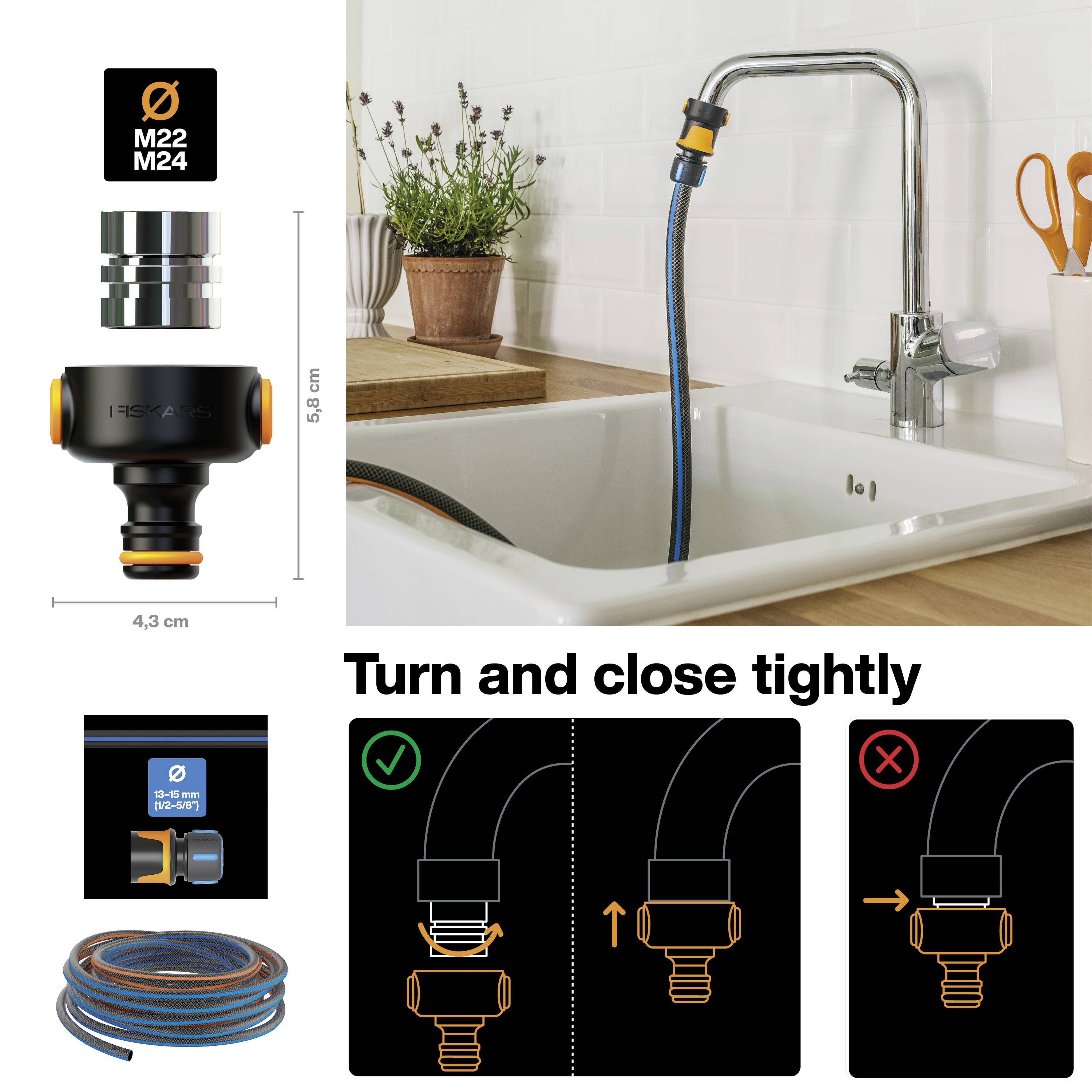 Installation Guide for a Tap Water Adapter with Hose. The adapter is screwed onto the tap. Instructions show correct and incorrect connection methods.