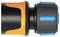 A water tap with a black and orange handle and blue lever, labelled 'Fiskars', for connecting hoses.