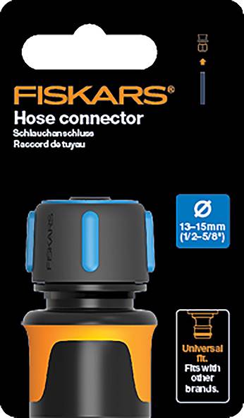 Packaging for a Fiskars hose connector. The connector is universal and fits 13-15 mm hoses; compatible with other brands.