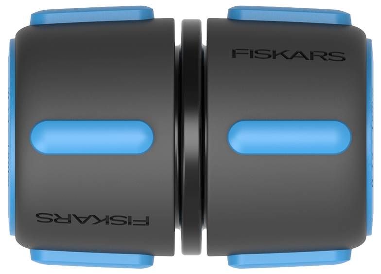 Black and blue hose connector with 'Fiskars' printed on it.
