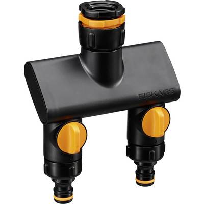 Black and orange garden hose splitter with two connections and shut-off valves, Fiskars brand.
