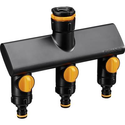 Black water distributor with three yellow valves and an upper connection. Used for garden irrigation.