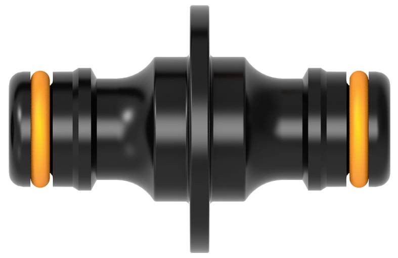 'Black plastic double-ended connector with orange sealing rings at both ends; used for connecting hoses or pipes.'