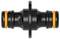 'Black plastic double-ended connector with orange sealing rings at both ends; used for connecting hoses or pipes.'