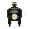 An irrigation timer with two outlets, digital display and rotary controls. Dimensions: 21.5 cm high, 13.8 cm wide.