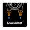 'Dual outlet' graphic shows two connections with downward arrows. It illustrates the double outlet technology.