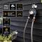 A watering timer is mounted on a wooden shed, with two connected hoses. The text emphasises time-saving and universal fitting.