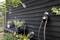 A black wooden wall with an integrated irrigation system next to potted plants on a shelving unit.
