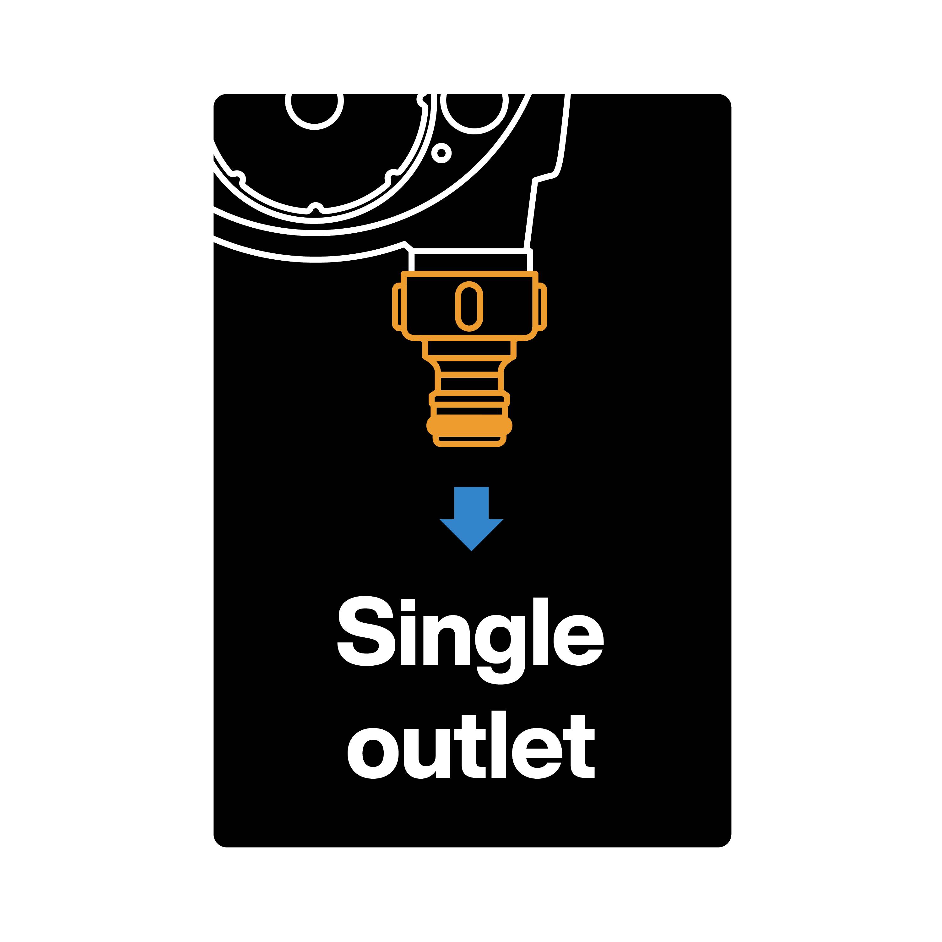 'Single outlet' is shown under a graphical representation of a valve connection with an arrow pointing downwards.