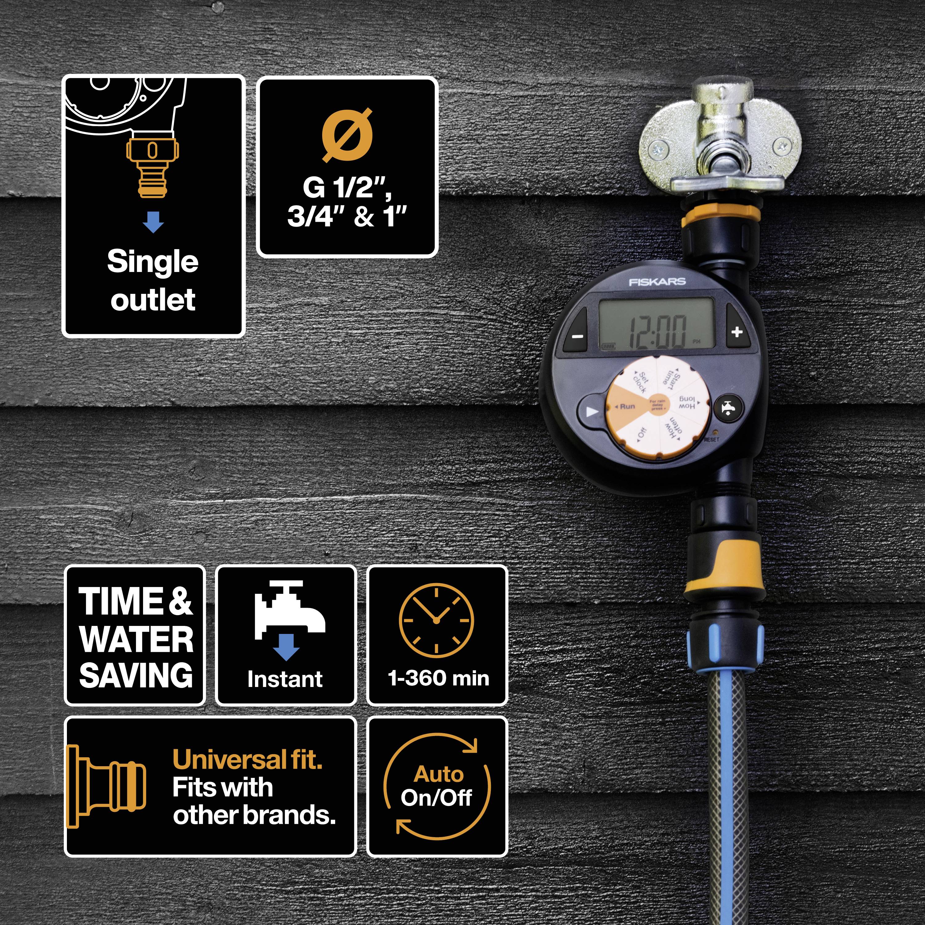 A digital irrigation timer is attached to a water connection. Text: 'Time & Water Saving', 'Universal Fit', 'Auto On/Off'.<br><br>Note: The translation is already very close to British English, with only minor adjustments to capitalisation.