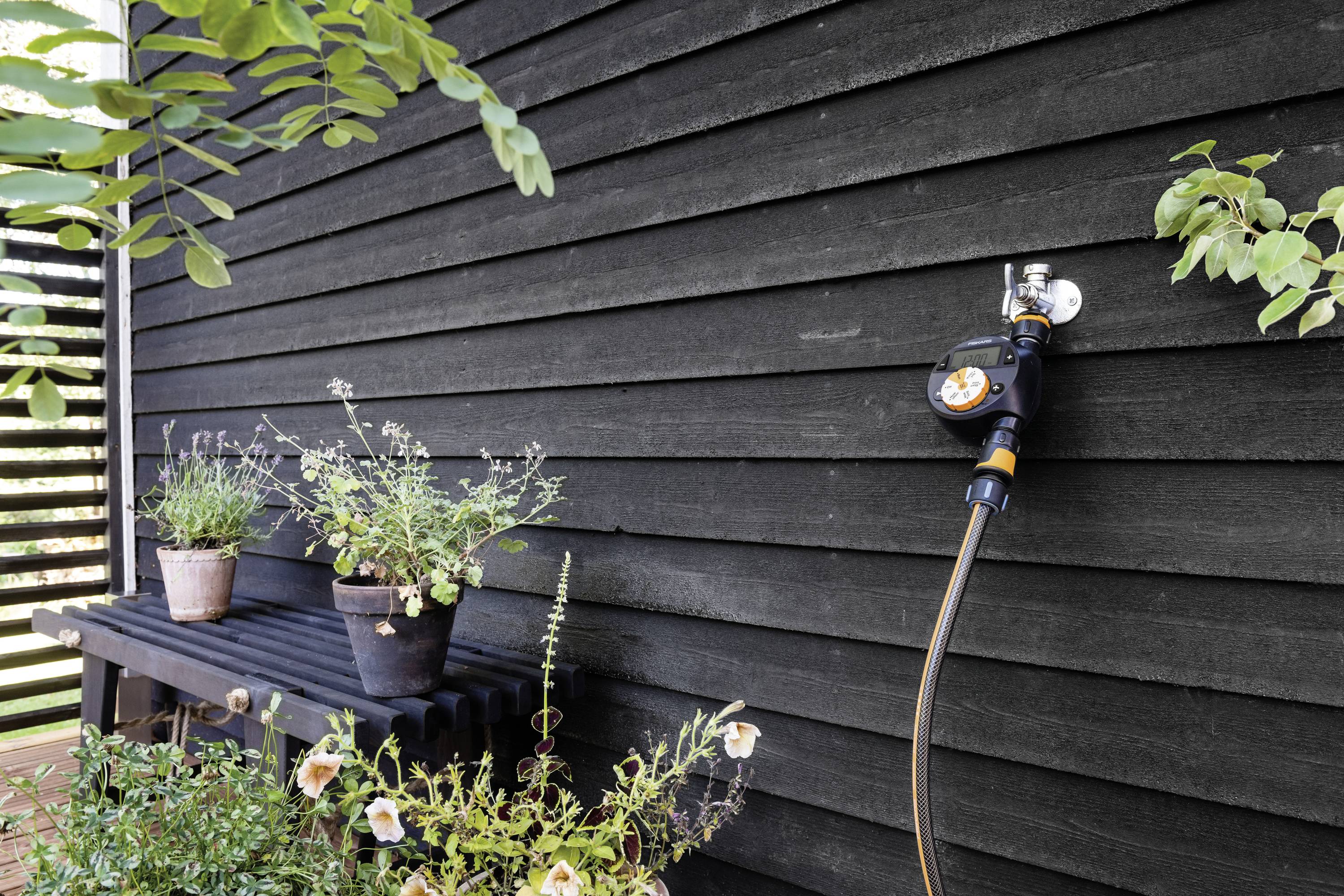 A black wooden building with a tap and garden plants on a bench beside it. Green leaves hang down from above.