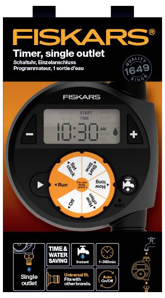 Fiskars Digital Timer with Single Socket; digital display; black round design; main functions: start, programme, stop.