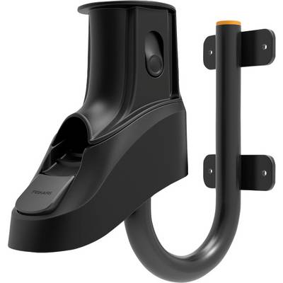 Black, wall-mounted bracket with a curved hook, suitable for storing various devices or items.