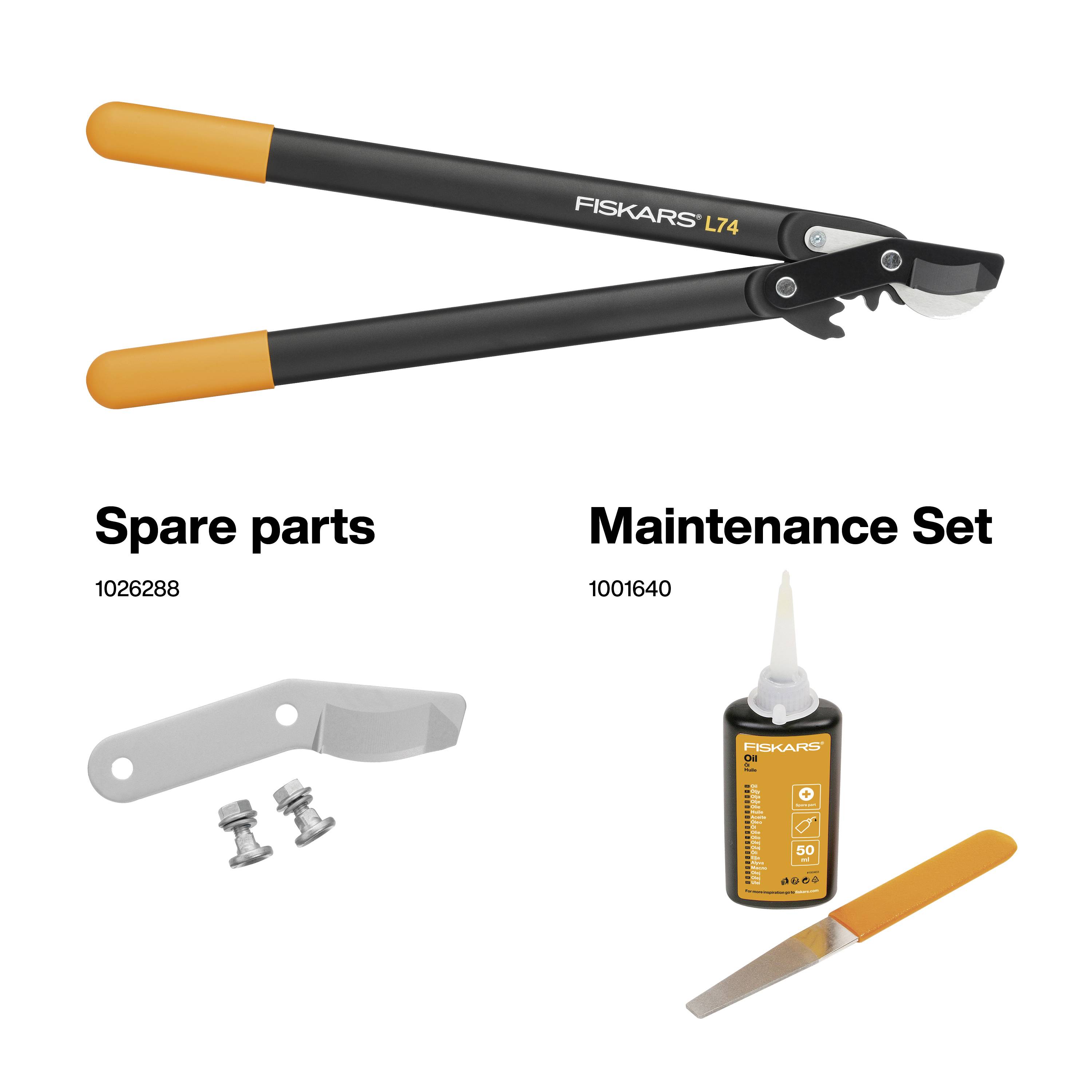 Garden secateurs 'Fiskars L74' and spare parts underneath, including replacement blade, screws, file and oil.