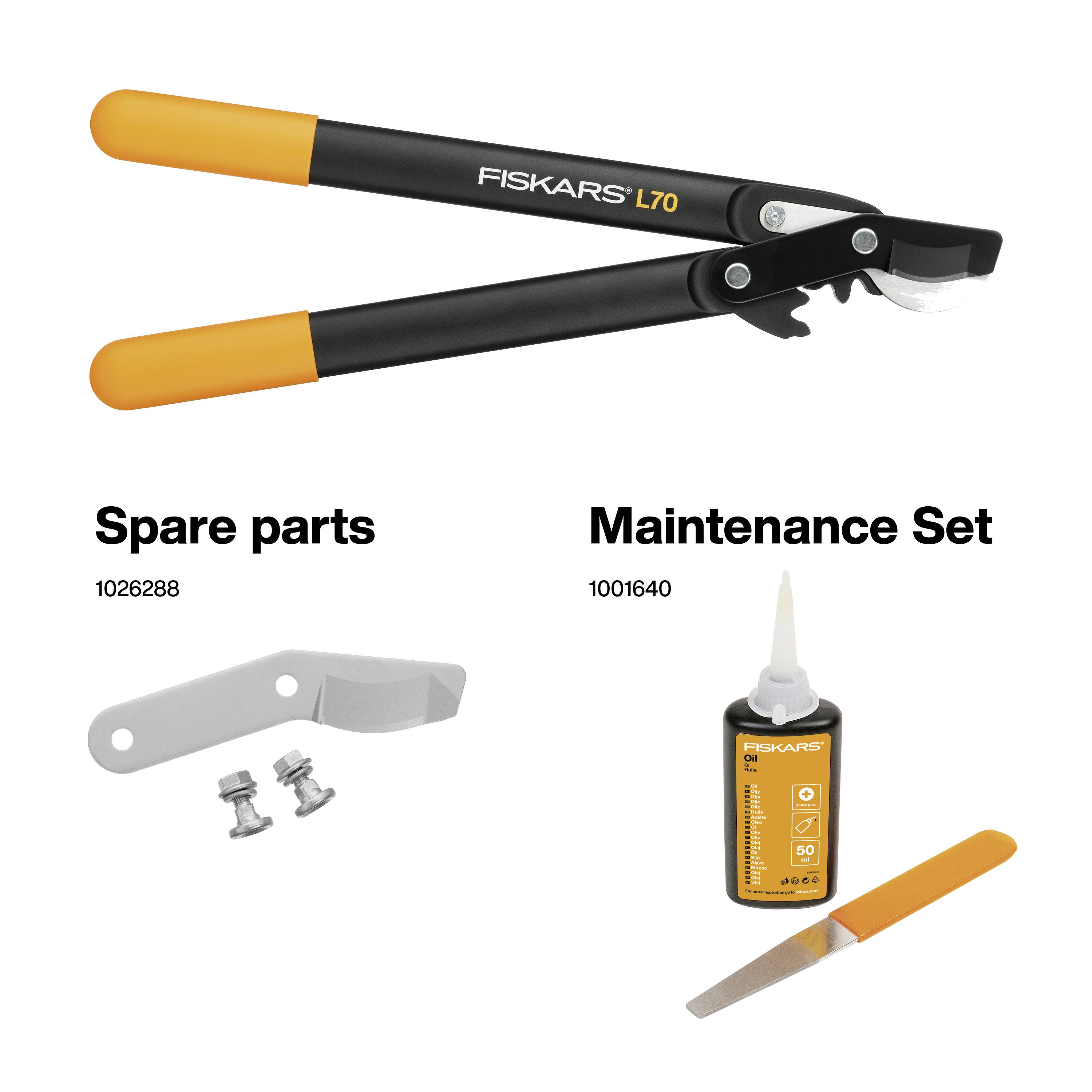 Fiskars L70 Pruning Shears. Spare Parts: Blades, Screws. Maintenance Kit with Oil Bottle and Sharpening Stone.