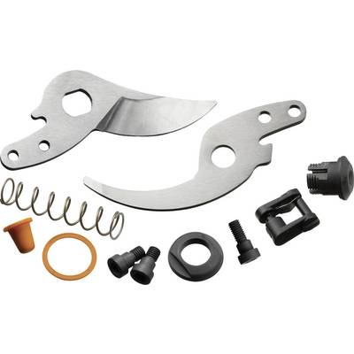 Complete set of replacement parts for garden equipment, comprising two blades, a spring, screws and seals.