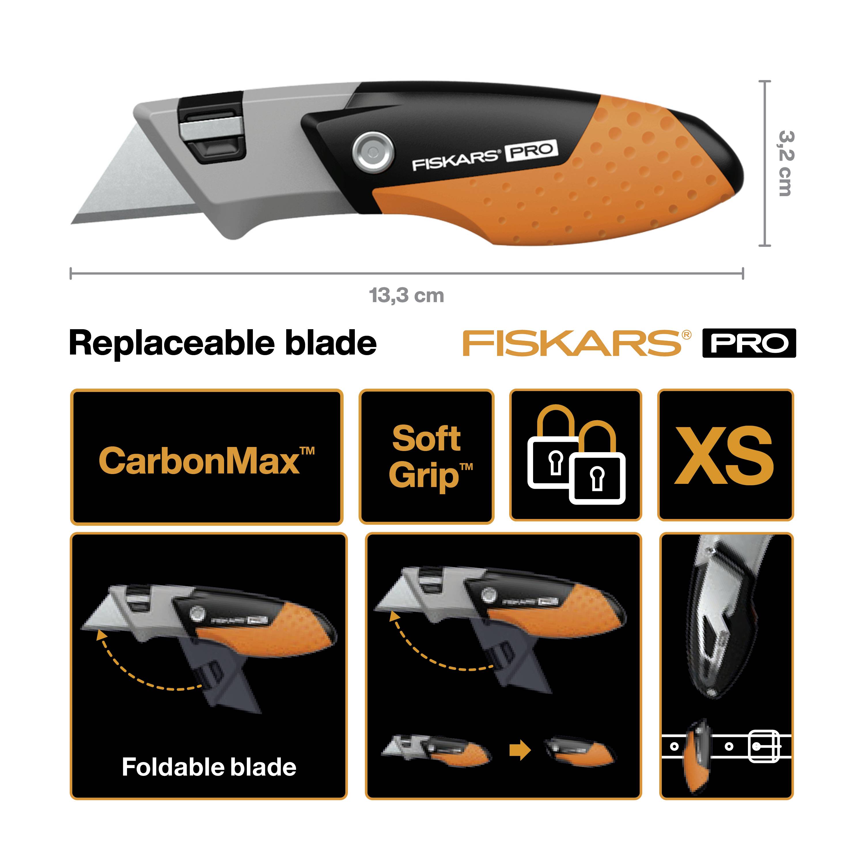 Foldable Fiskars Pro Utility Knife with 13.3 cm length and replaceable CarbonMax blade. Soft grip and compact XS size.