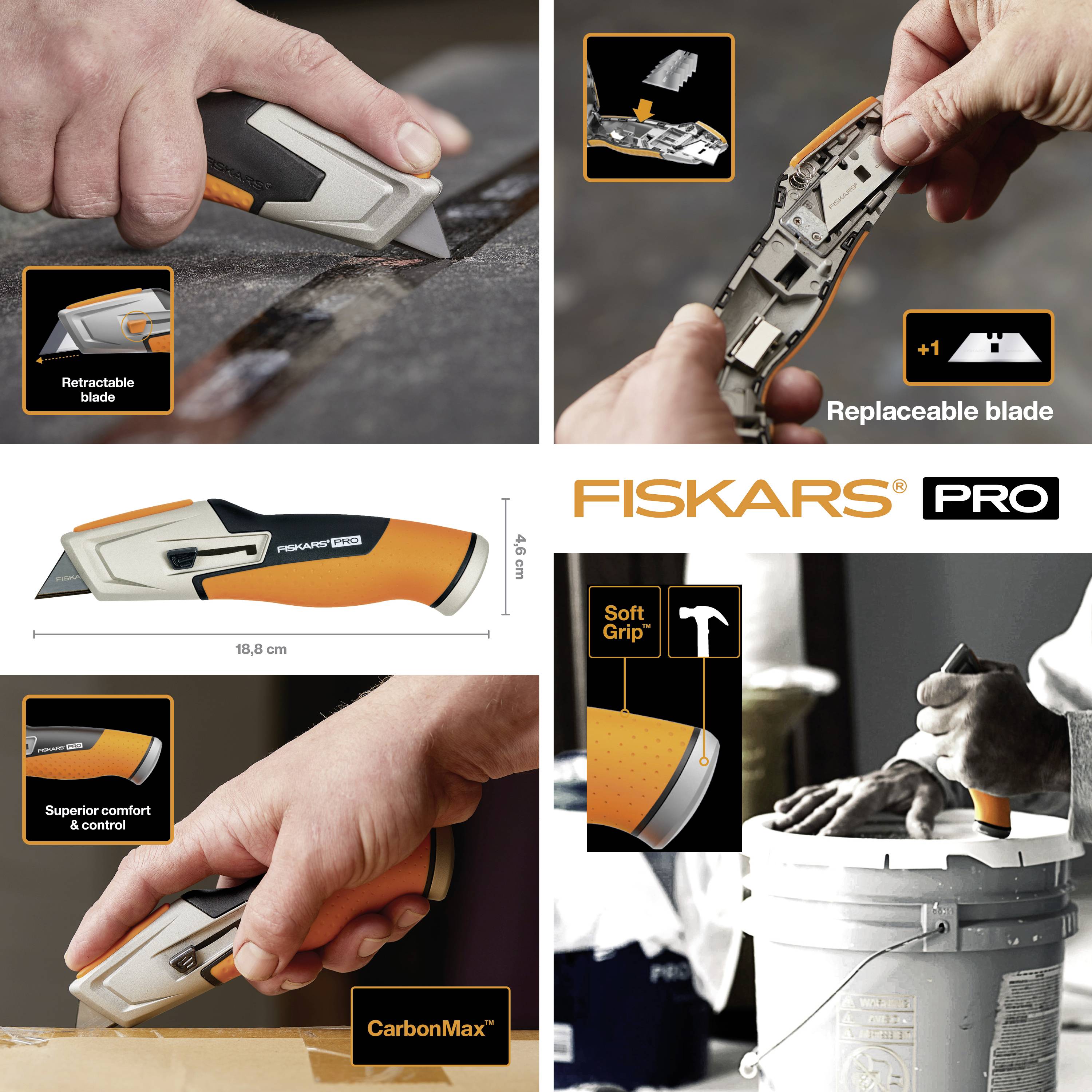 A knife with a retractable, replaceable blade is shown. Highlighted: control, improved grip, CarbonMax technology.