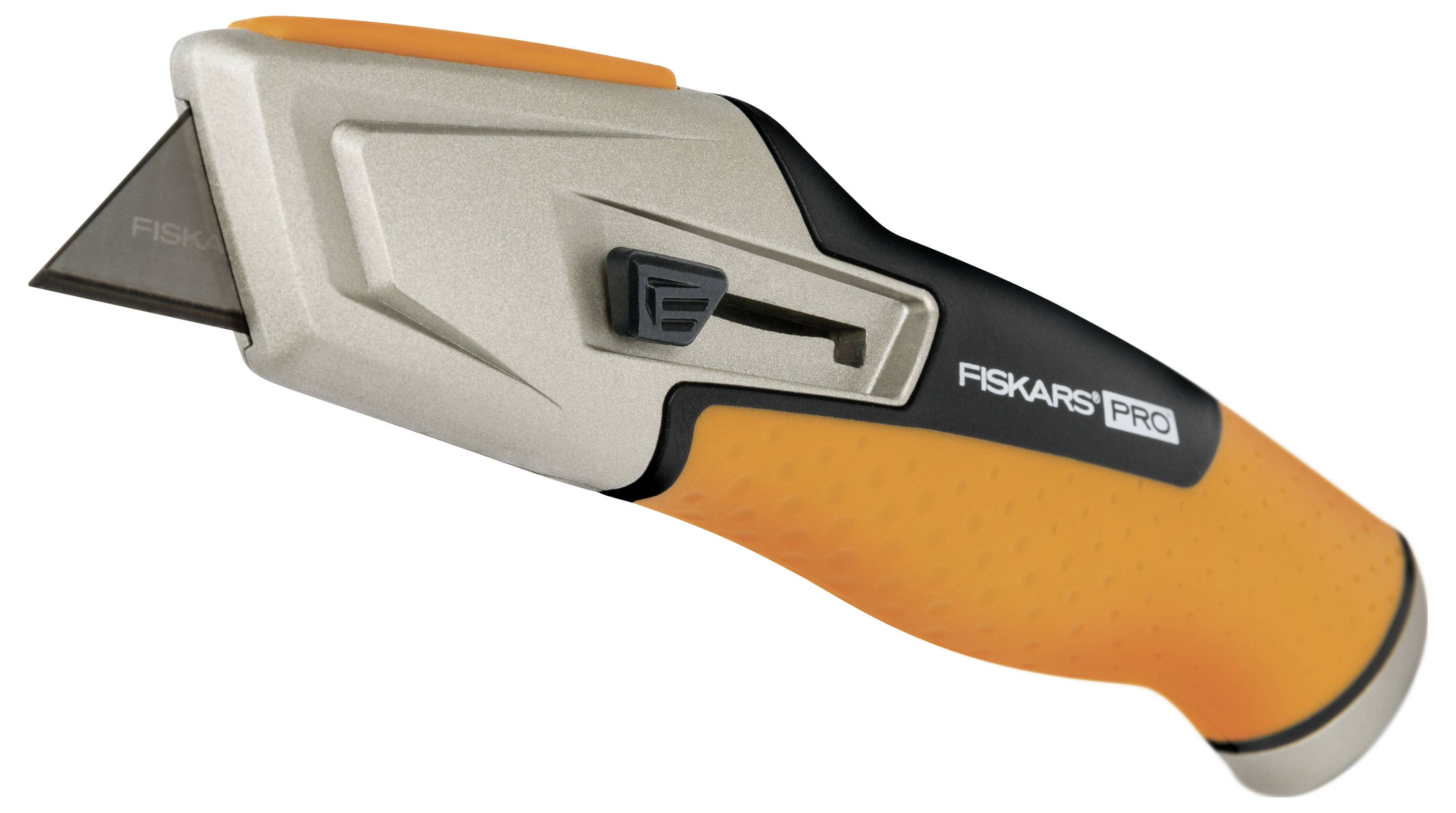 An orange and black universal knife by Fiskars with an ergonomic handle and sharp blade, suitable for precise cutting.