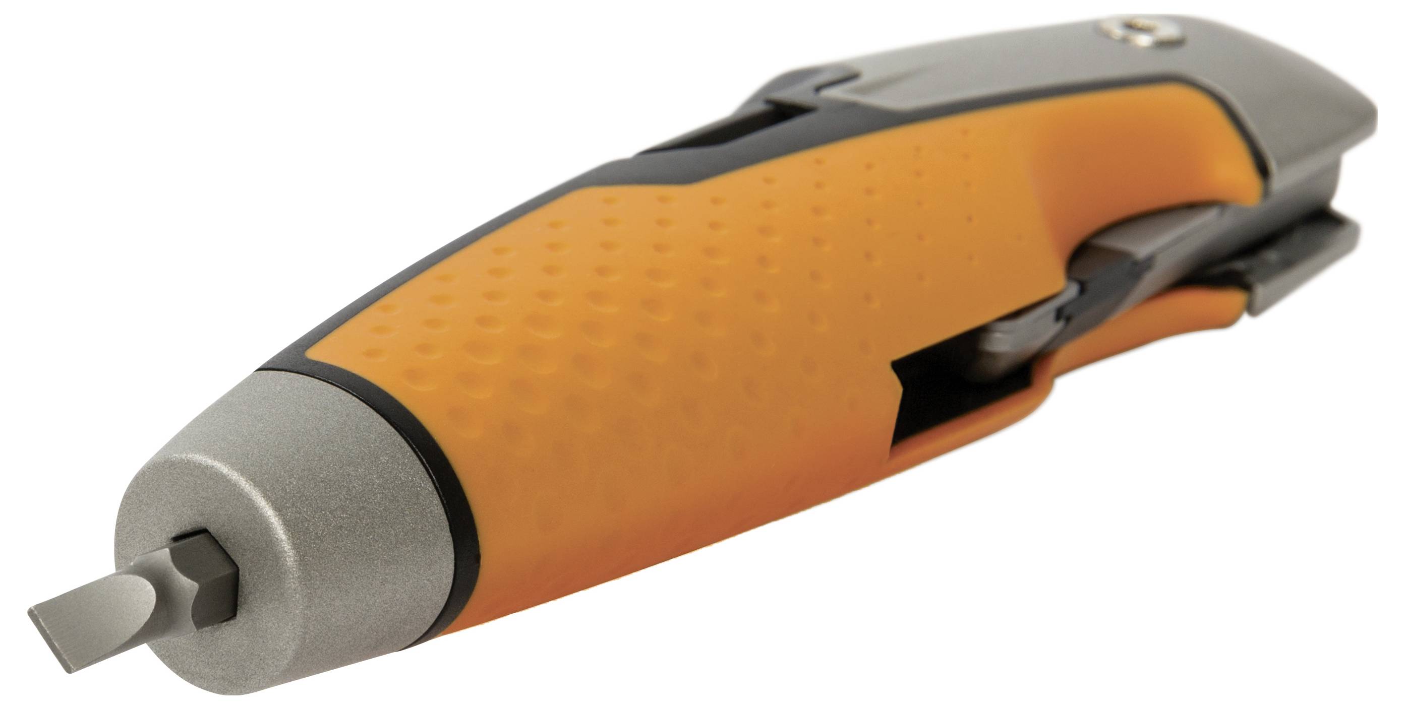 Orange screwdriver with a grey handle, side view; compact and ergonomic for precise handling.