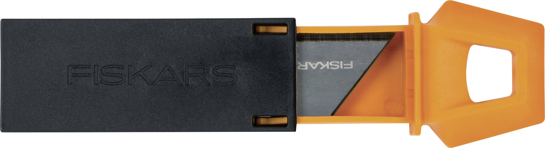 Black, rectangular Fiskars knife sharpener with an orange handle. Used for sharpening knife blades.