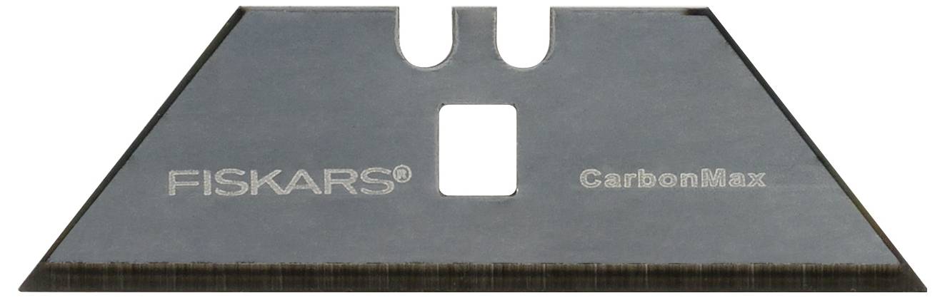 A single CarbonMax blade from Fiskars with a sharp cutting edge, rectangular shape, and central hole for tool attachment.