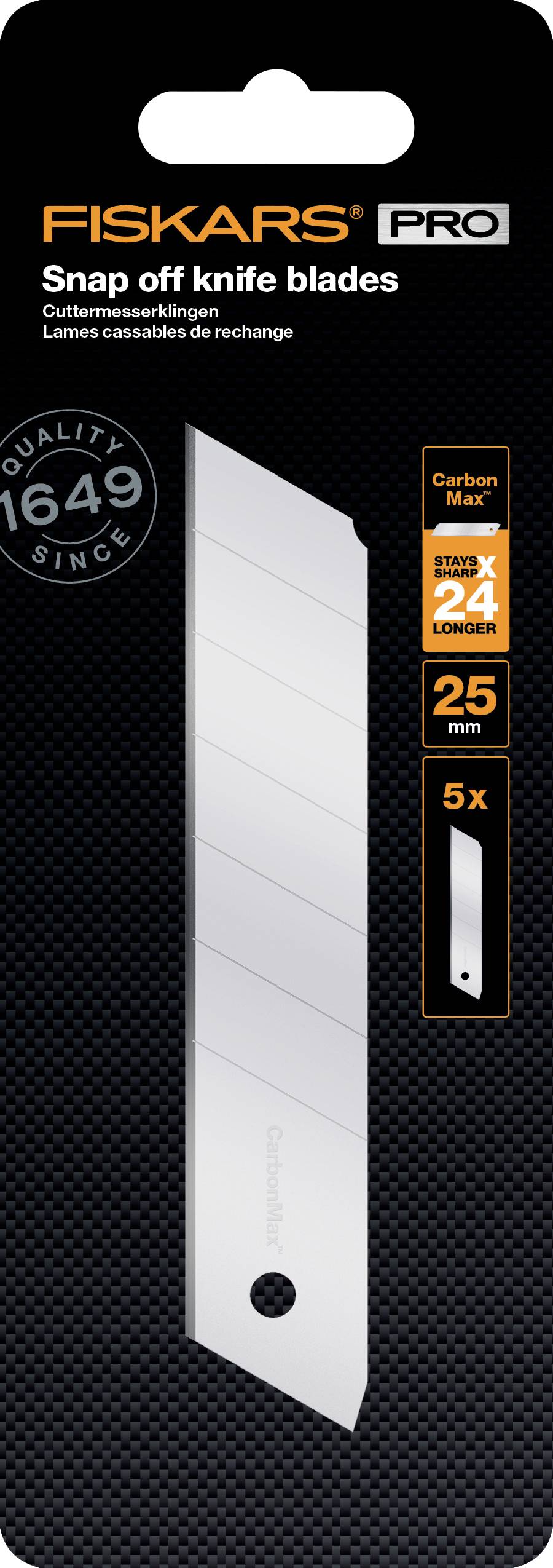 'Fiskars PRO' packaging for snap-off craft blades. Contains 5 blades, each 25 mm long, made from Carbon-Max steel, 24x more durable.