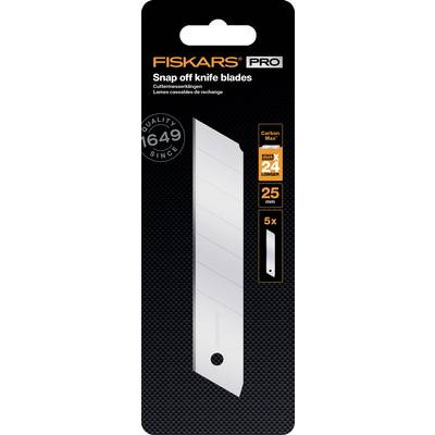 'Fiskars PRO' packaging for snap-off craft blades. Contains 5 blades, each 25 mm long, made from Carbon-Max steel, 24x more durable.