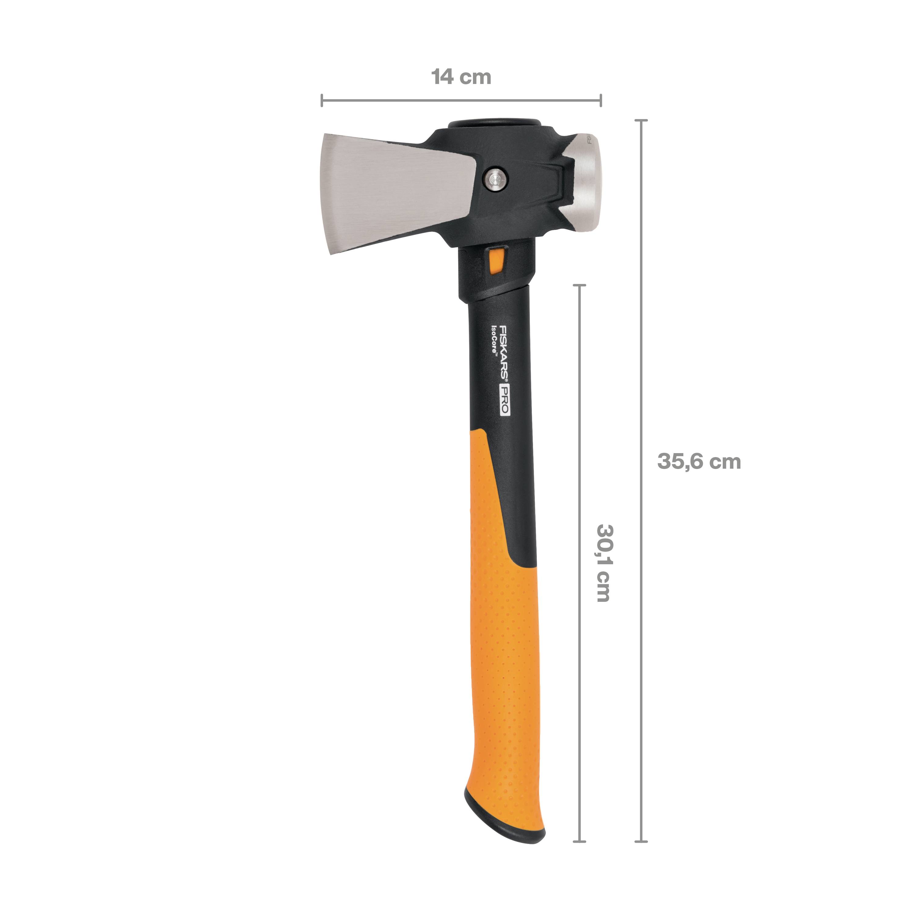 Orange splitting axe with black head and blade. Length: 35.6 cm, head width: 14 cm. Ideal for splitting small pieces of wood.