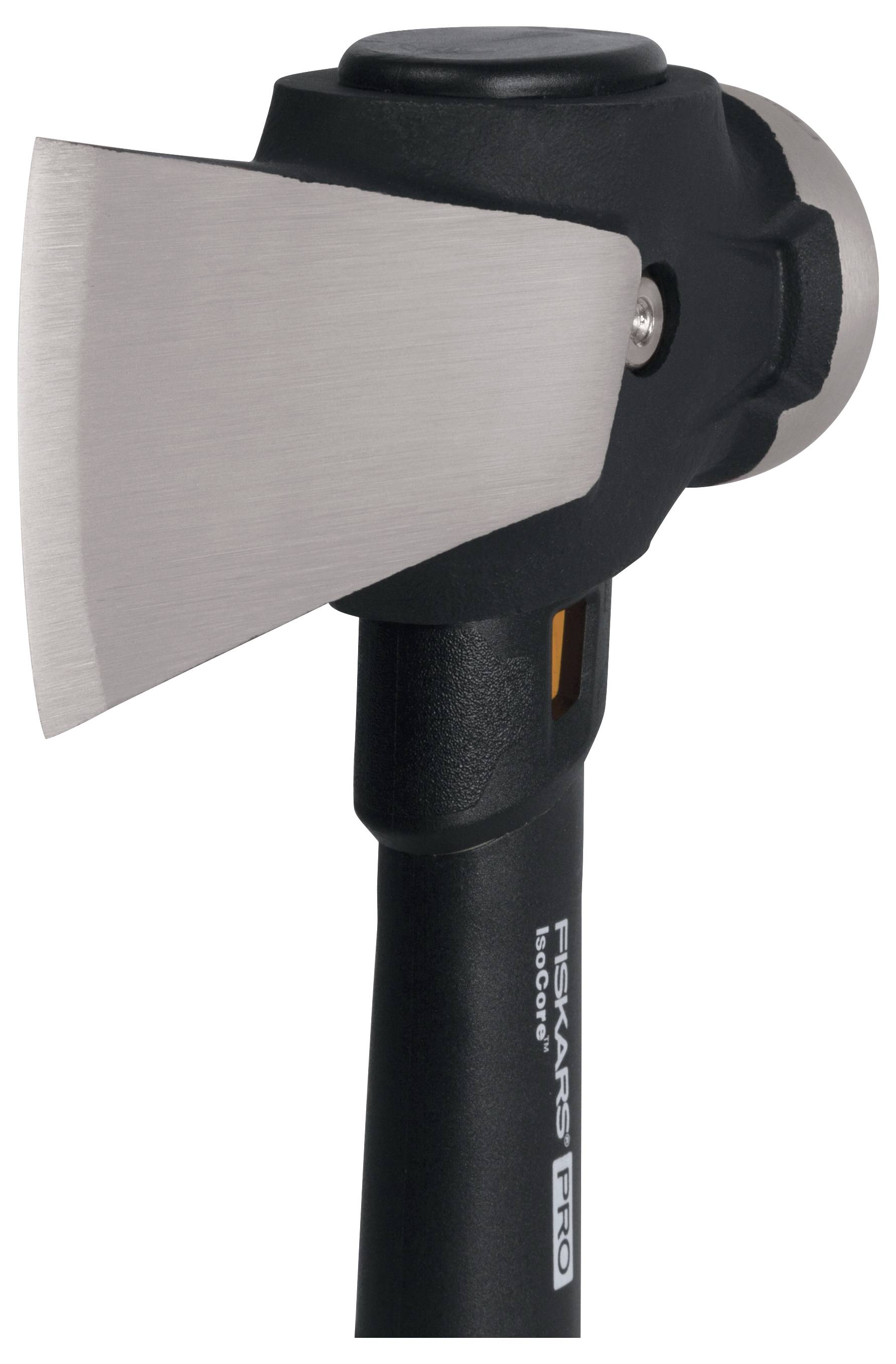 A black-handled axe with a silver blade, suitable for woodworking.