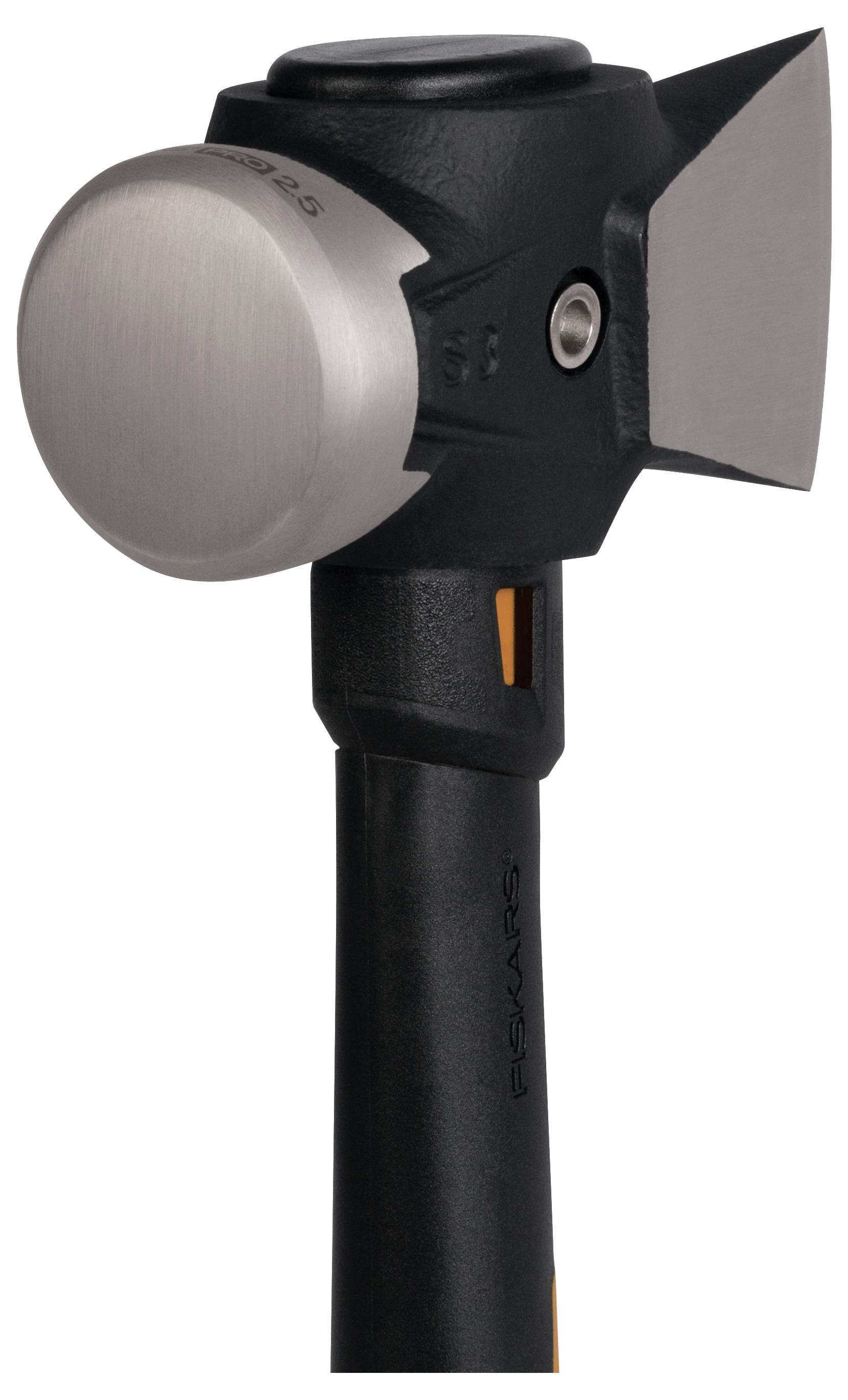 A black hammer with a round steel surface and a tapered back, specifically designed for splitting wood.