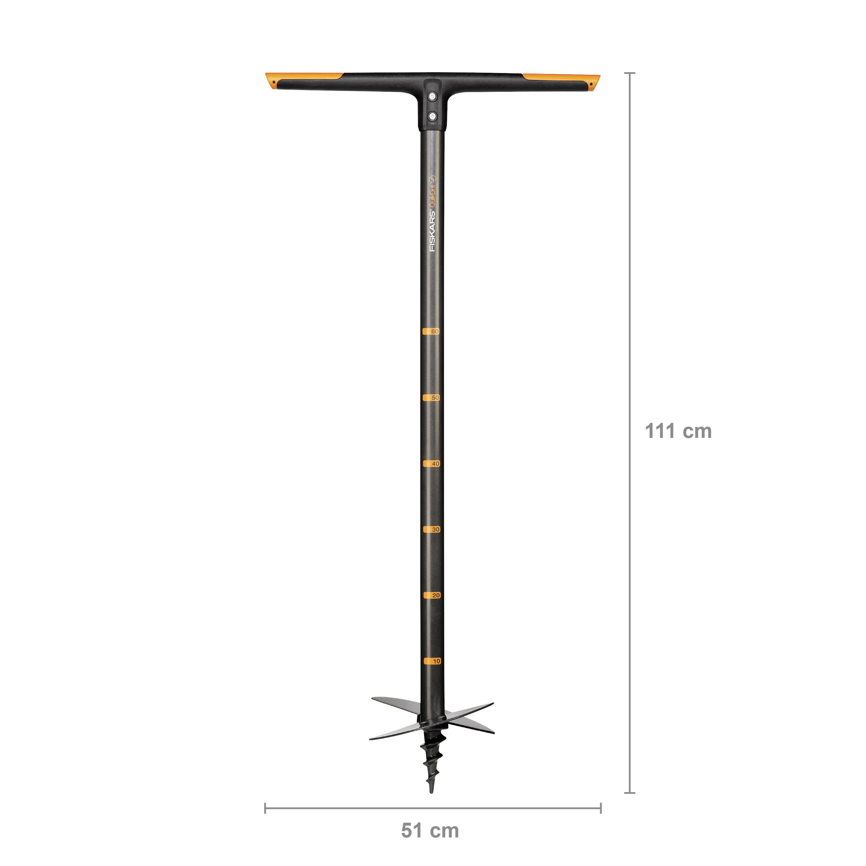 'Long black earth auger with T-handle and spiral blade, total length 111 cm, width 51 cm. Suitable for garden work.'
