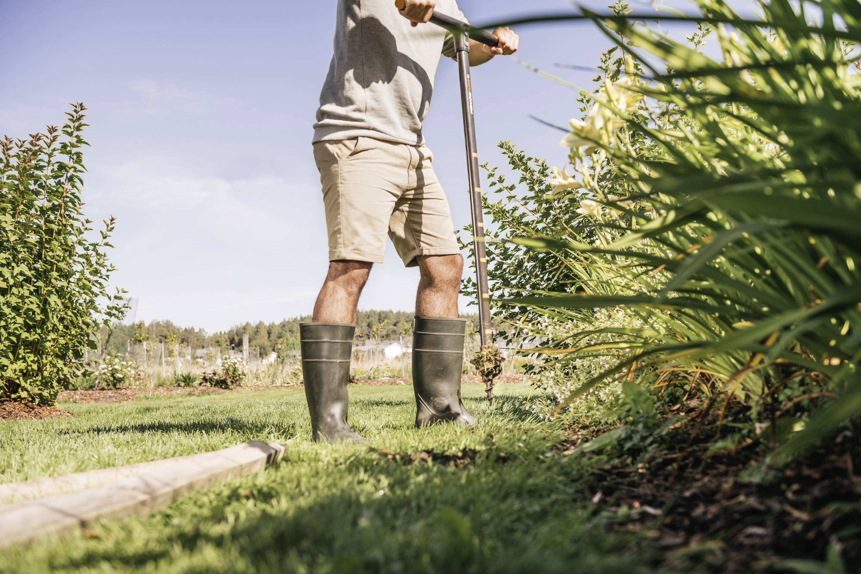 A person wearing wellington boots is working with a spade in the garden, surrounded by green plants and shrubs, on a sunny day.