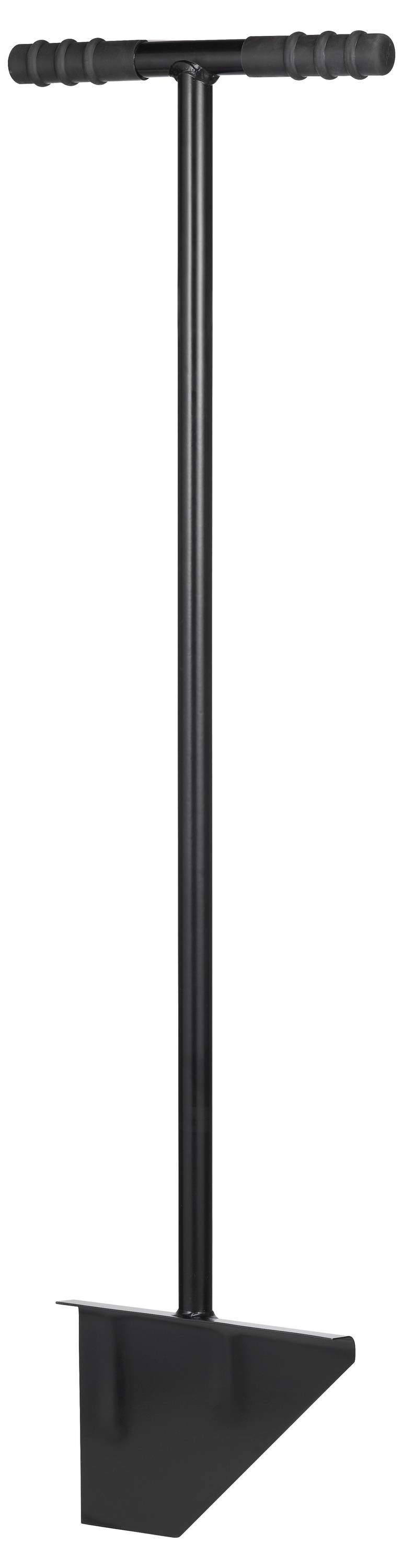 A black weed puller with a T-handle and sharpened metal edge. Ideal for removing weeds from the ground.