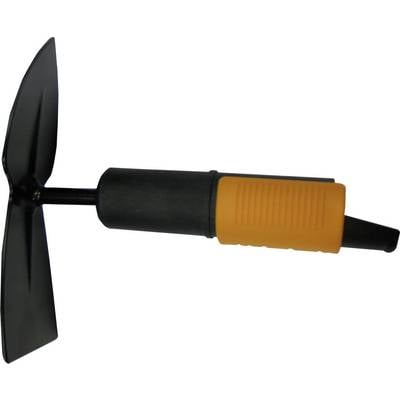 Manual garden hoe with a black metal blade and orange-black handle, used for loosening soil or removing weeds.